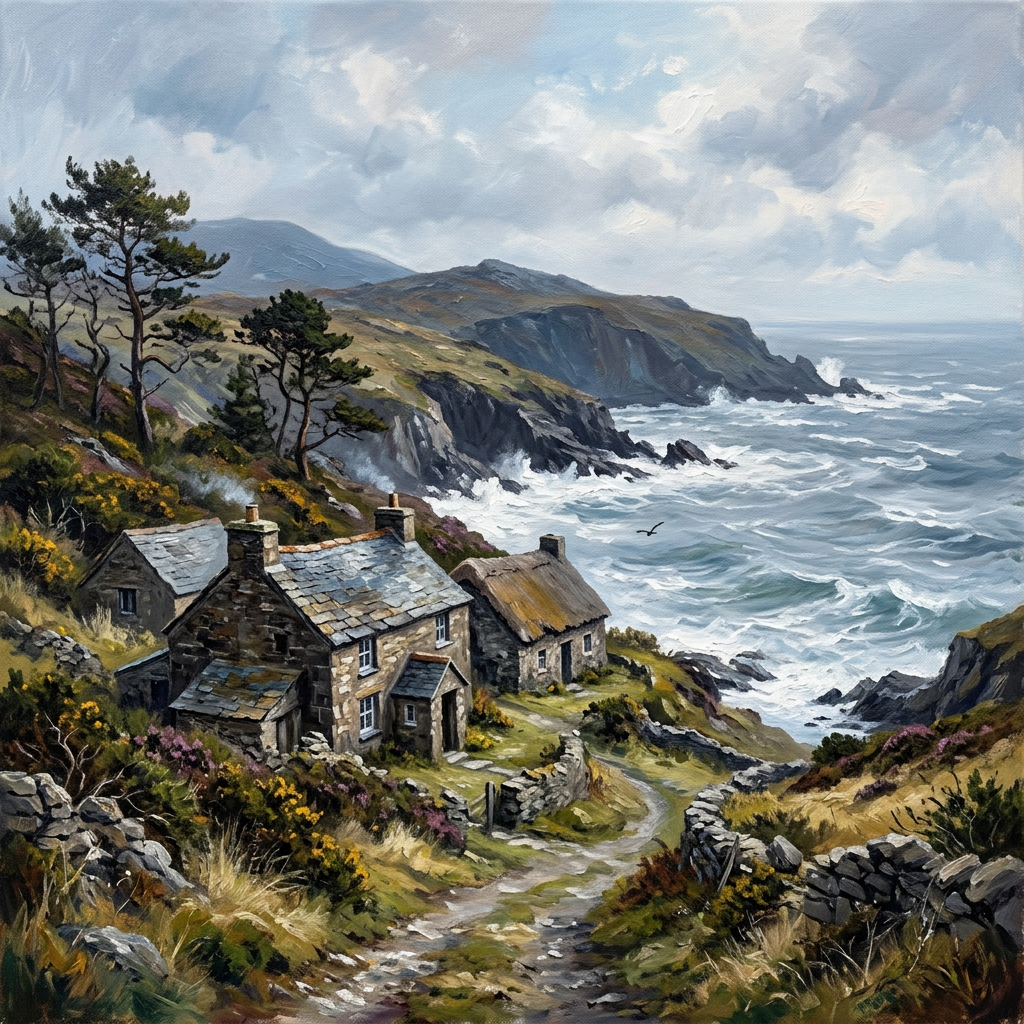 Stone cottages beside a rugged coastline with crashing waves and distant mountains